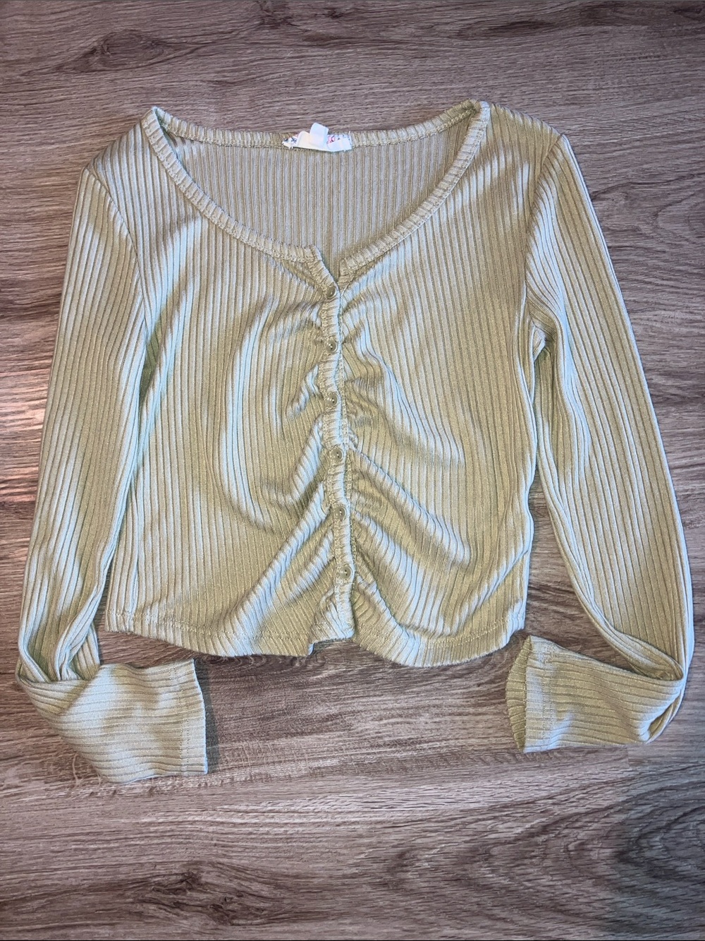 Ribbed Long-Sleeve Ruched Front Top - Light Olive
